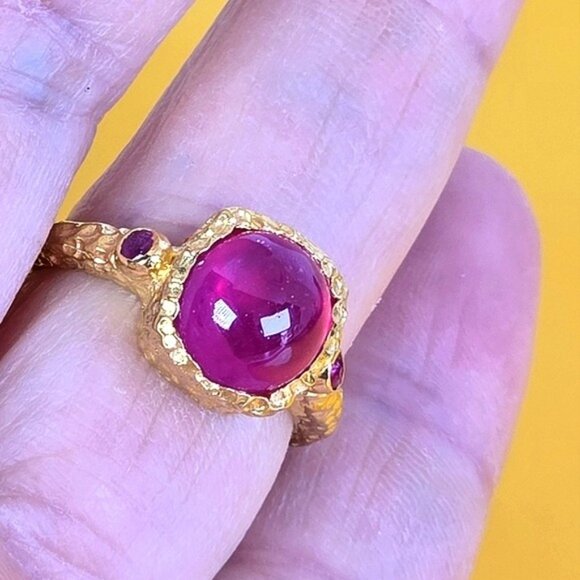 925 Sterling Silver 14K Gold Plated Avant-Garde Ring with Natural Ruby Gemstone - Picture 13 of 14